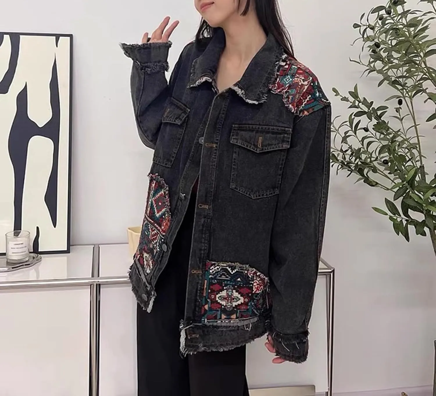 Women's Oversized Denim Jacket Long Sleeve Button Down Embroidery Ethnic Style Jean Jackets