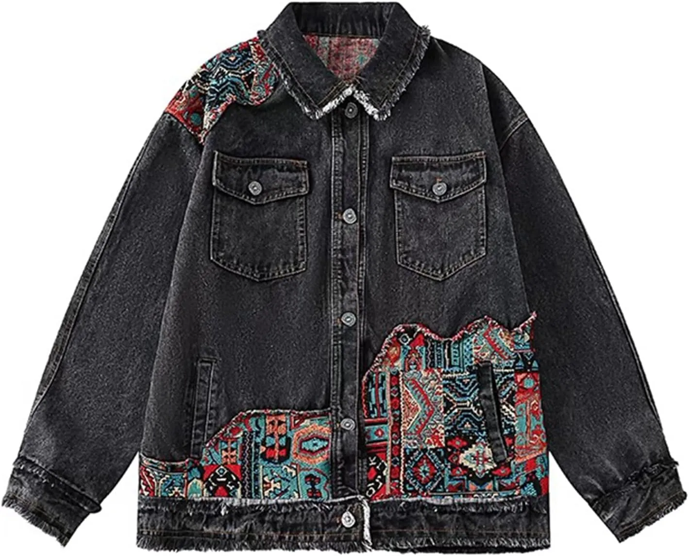Women's Oversized Denim Jacket Long Sleeve Button Down Embroidery Ethnic Style Jean Jackets
