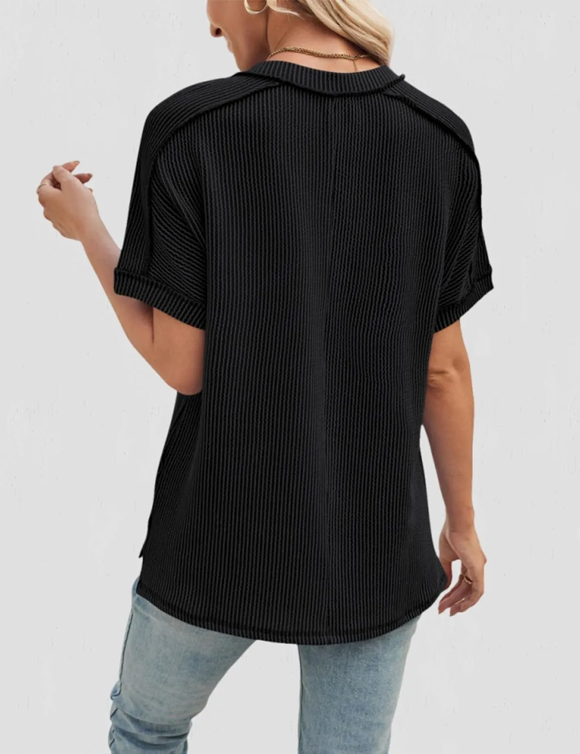 Women's Textured Oversized T Shirts Short Sleeve Summer Ribbed V Neck Tunic Tops Loose Blouses