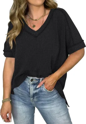 Women's Textured Oversized T Shirts Short Sleeve Summer Ribbed V Neck Tunic Tops Loose Blouses