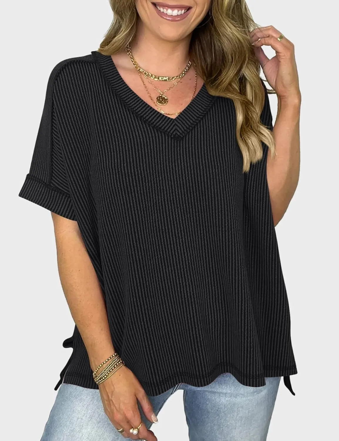 Women's Textured Oversized T Shirts Short Sleeve Summer Ribbed V Neck Tunic Tops Loose Blouses