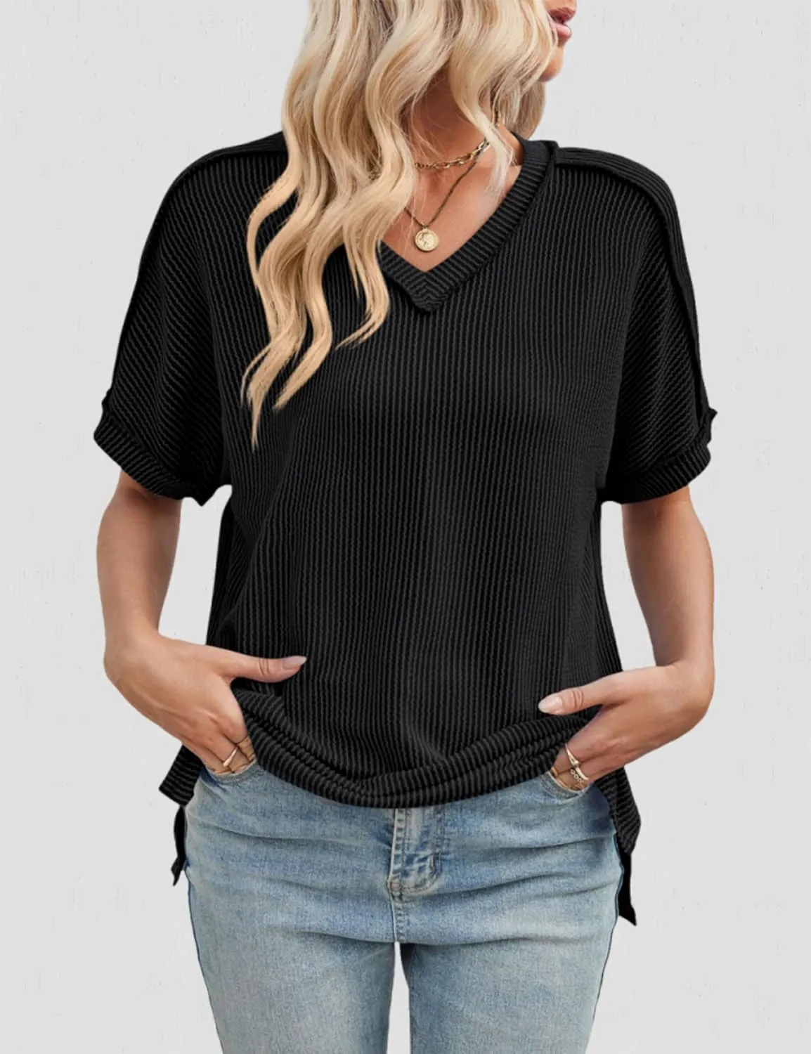 Women's Textured Oversized T Shirts Short Sleeve Summer Ribbed V Neck Tunic Tops Loose Blouses