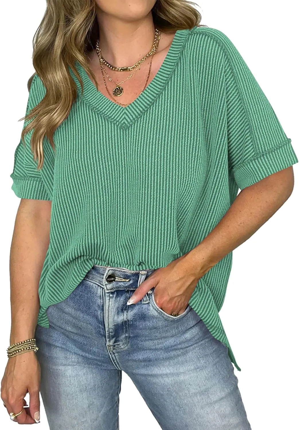 Women's Textured Oversized T Shirts Short Sleeve Summer Ribbed V Neck Tunic Tops Loose Blouses