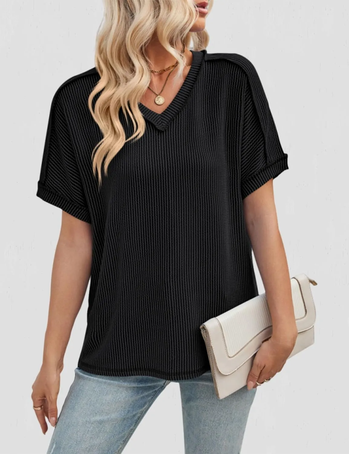 Women's Textured Oversized T Shirts Short Sleeve Summer Ribbed V Neck Tunic Tops Loose Blouses