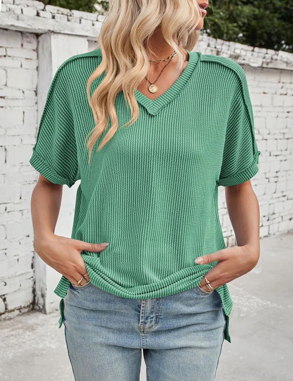 Women's Textured Oversized T Shirts Short Sleeve Summer Ribbed V Neck Tunic Tops Loose Blouses