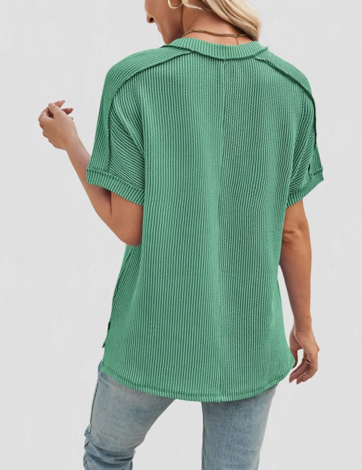 Women's Textured Oversized T Shirts Short Sleeve Summer Ribbed V Neck Tunic Tops Loose Blouses