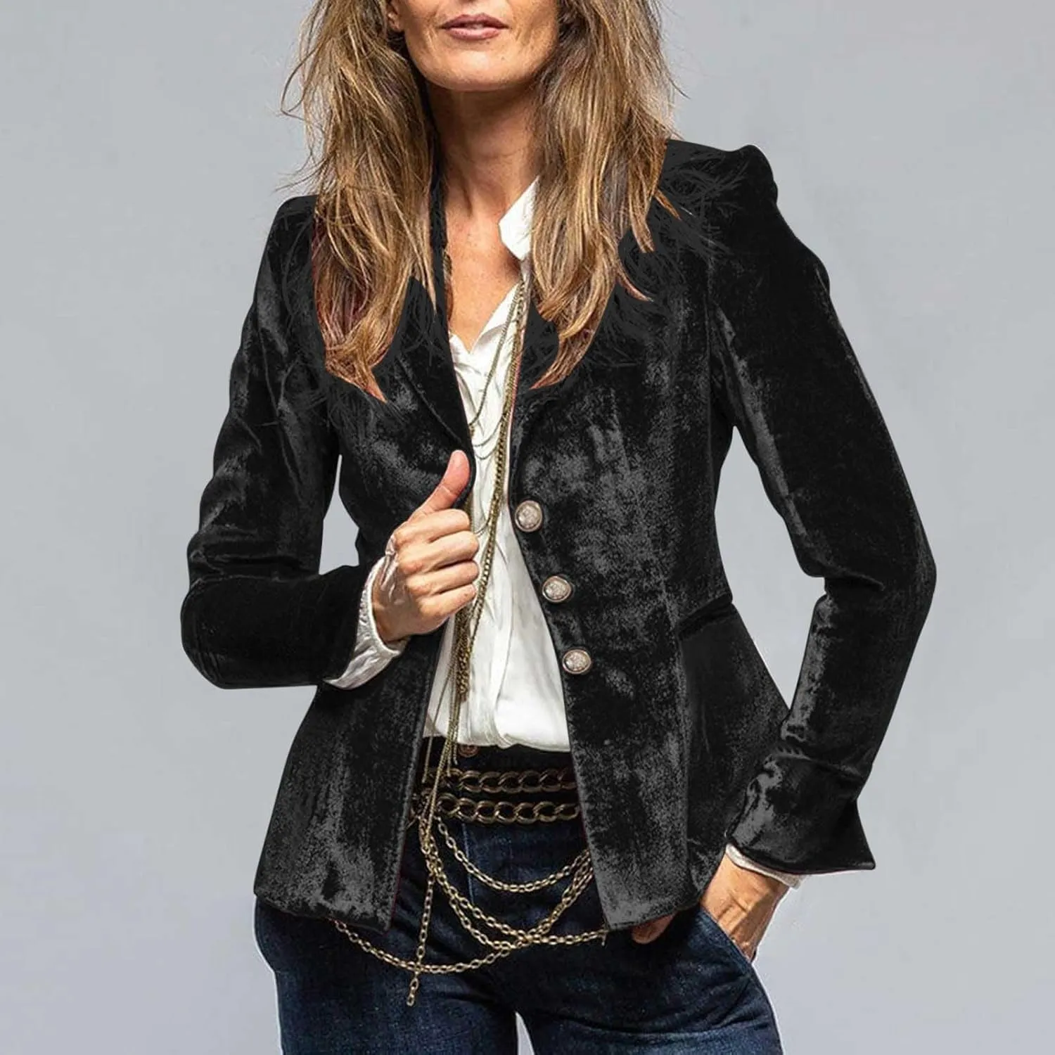 Women's Velvet Retro Jacket Long Sleeve Solid Color Casual Lapel Mid-Length Top Slim Fit Business Blazer Shirts Tops