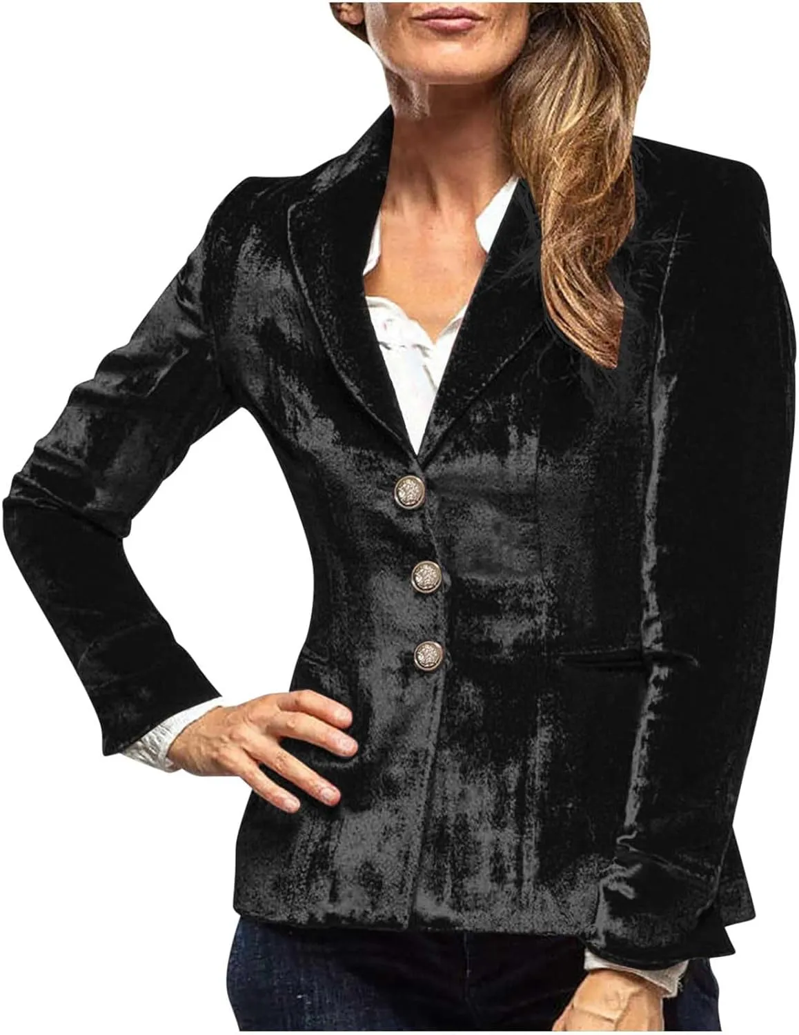 Women's Velvet Retro Jacket Long Sleeve Solid Color Casual Lapel Mid-Length Top Slim Fit Business Blazer Shirts Tops