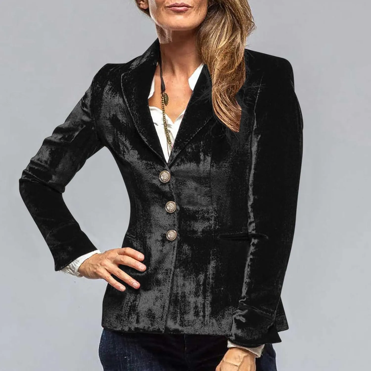 Women's Velvet Retro Jacket Long Sleeve Solid Color Casual Lapel Mid-Length Top Slim Fit Business Blazer Shirts Tops