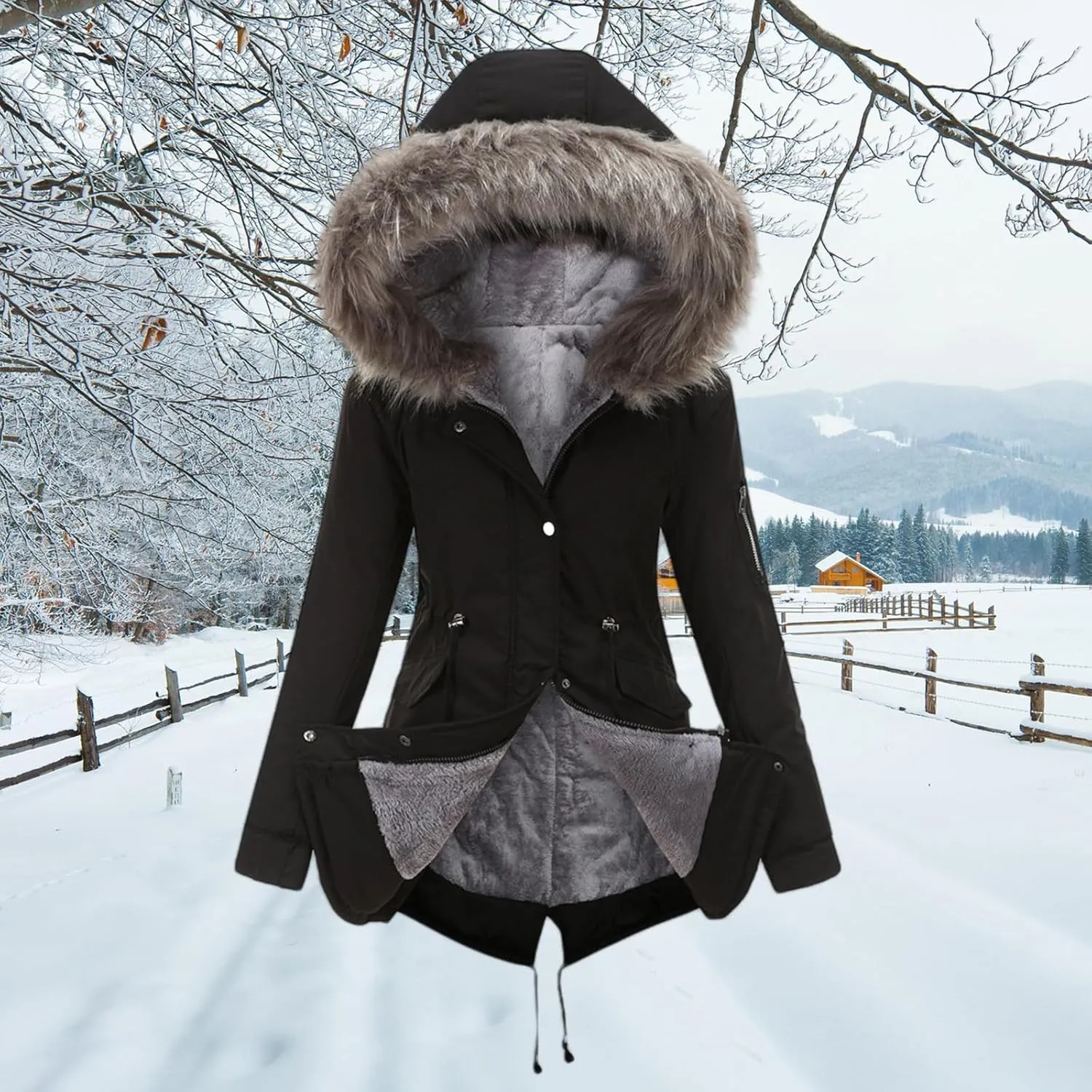 Women's Winter Sherpa Lined Faux Fur Hooded Jacket Mid Long Safari Parka Coat Thickened Windproof Outwear with Pockets