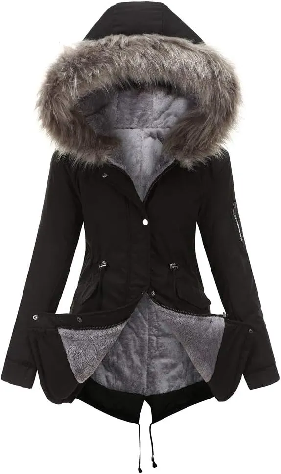 Women's Winter Sherpa Lined Faux Fur Hooded Jacket Mid Long Safari Parka Coat Thickened Windproof Outwear with Pockets