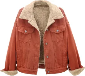 Womens Winter Warm Jean Jacket Stand Collar Wool Liner Sherpa Denim Coats Fleece Lined Denim Trucker Jacket Outerwear