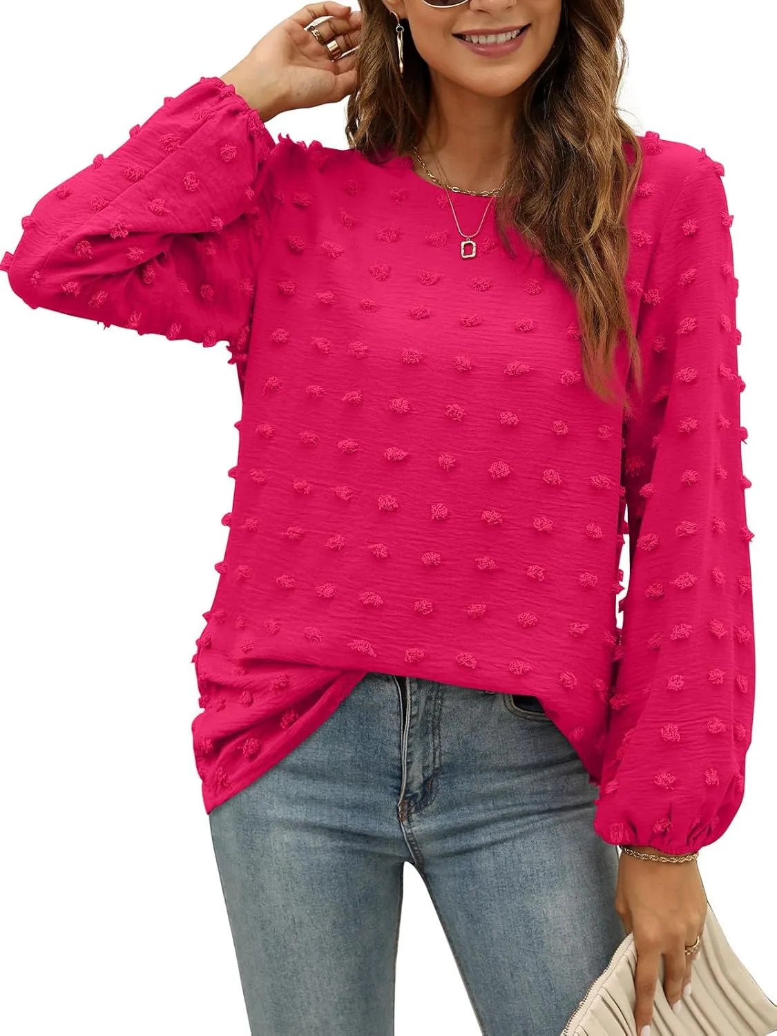 XIEERDUO Women's Chiffon Blouses Long Sleeve Crewneck Tops Dressy Casual Loose Pompom Shirts