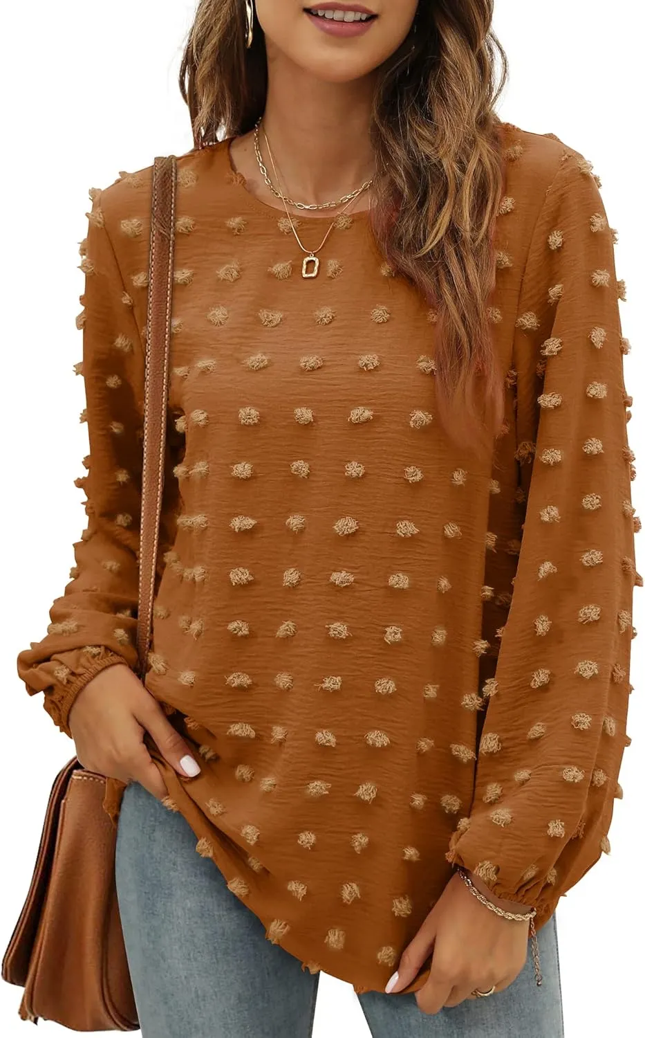 XIEERDUO Women's Chiffon Blouses Long Sleeve Crewneck Tops Dressy Casual Loose Pompom Shirts