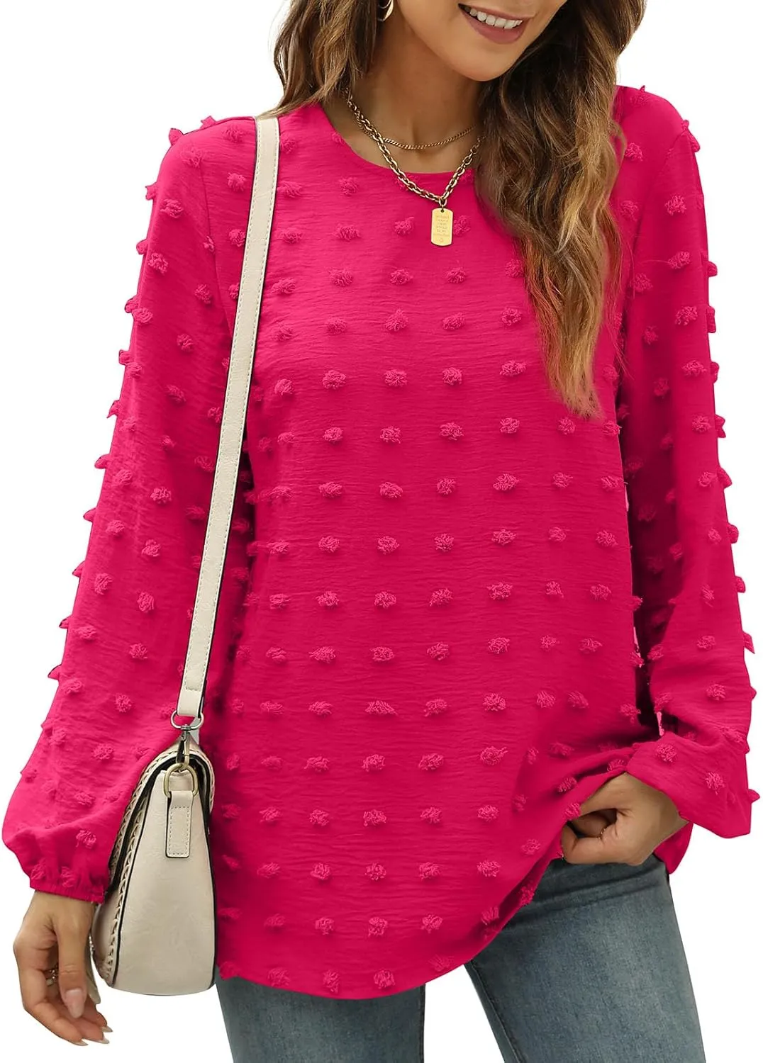 XIEERDUO Women's Chiffon Blouses Long Sleeve Crewneck Tops Dressy Casual Loose Pompom Shirts