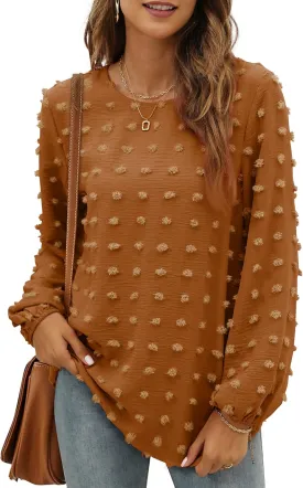 XIEERDUO Women's Chiffon Blouses Long Sleeve Crewneck Tops Dressy Casual Loose Pompom Shirts