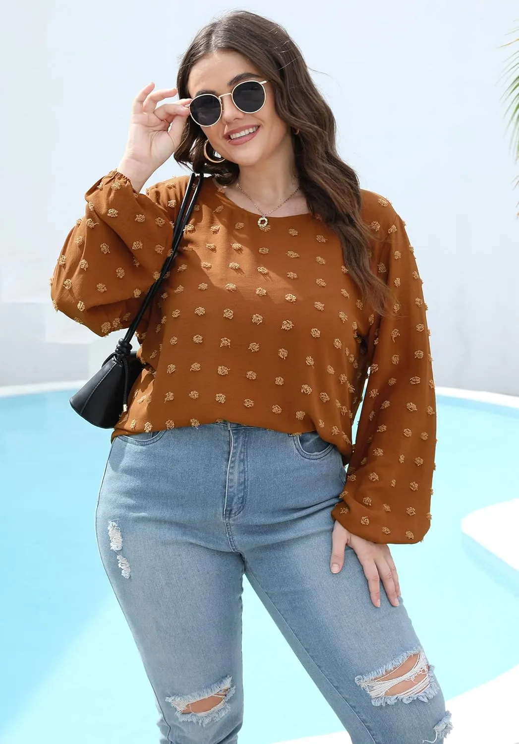 XIEERDUO Women's Chiffon Blouses Long Sleeve Crewneck Tops Dressy Casual Loose Pompom Shirts
