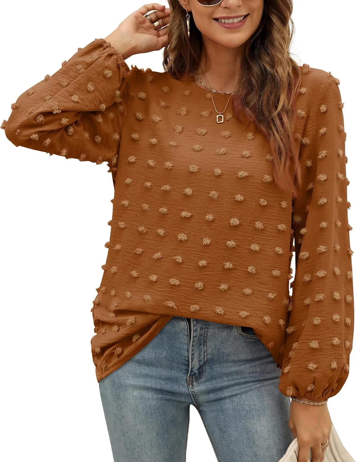 XIEERDUO Women's Chiffon Blouses Long Sleeve Crewneck Tops Dressy Casual Loose Pompom Shirts