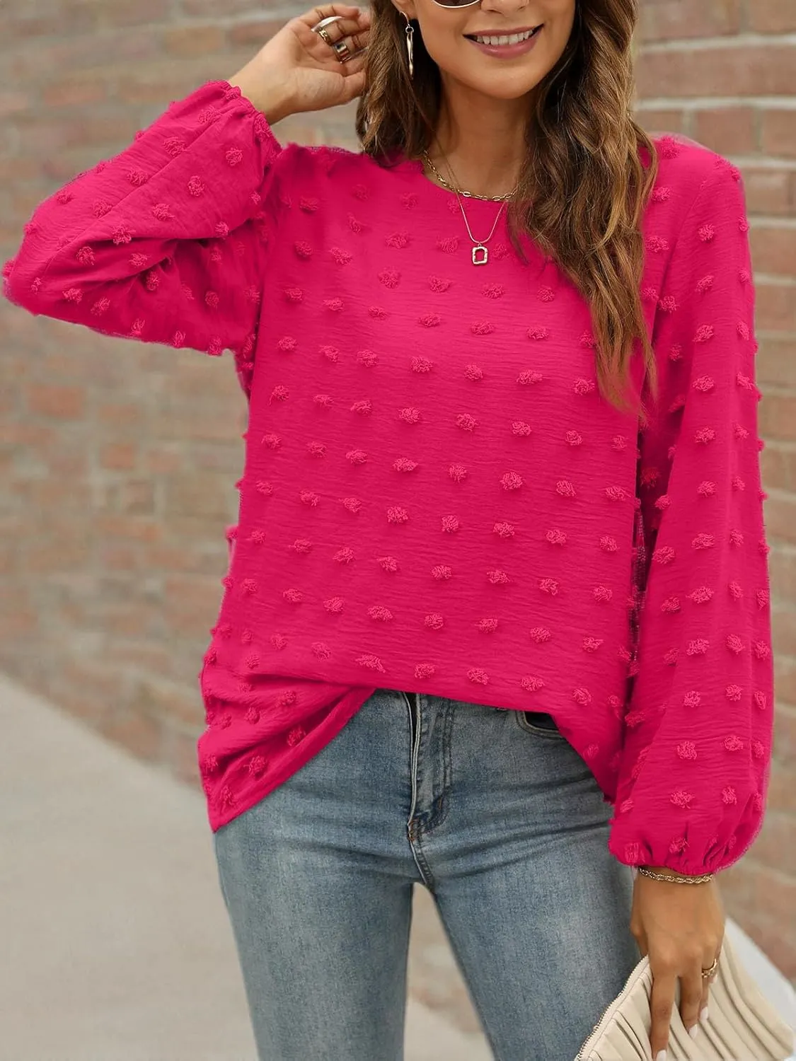 XIEERDUO Women's Chiffon Blouses Long Sleeve Crewneck Tops Dressy Casual Loose Pompom Shirts
