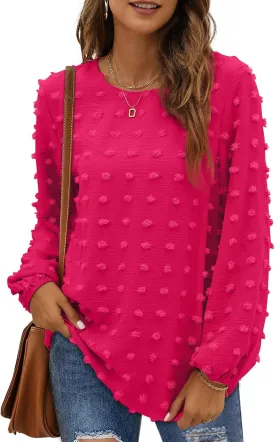 XIEERDUO Women's Chiffon Blouses Long Sleeve Crewneck Tops Dressy Casual Loose Pompom Shirts