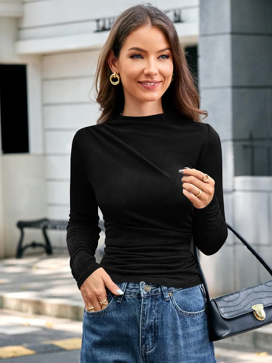 ZAFUL Womens 2024 Fall Long Sleeve Ruched Tops Mock Neck Trendy Blouses Casual Tight Shirts
