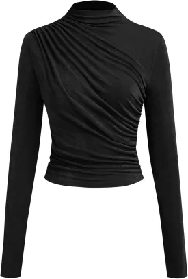ZAFUL Womens 2024 Fall Long Sleeve Ruched Tops Mock Neck Trendy Blouses Casual Tight Shirts